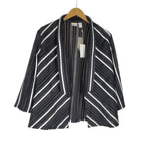 NEW Chicos Collection Aurora Strip Jacket Sz 2 Lg Black White 3/4 Sleeve Topper